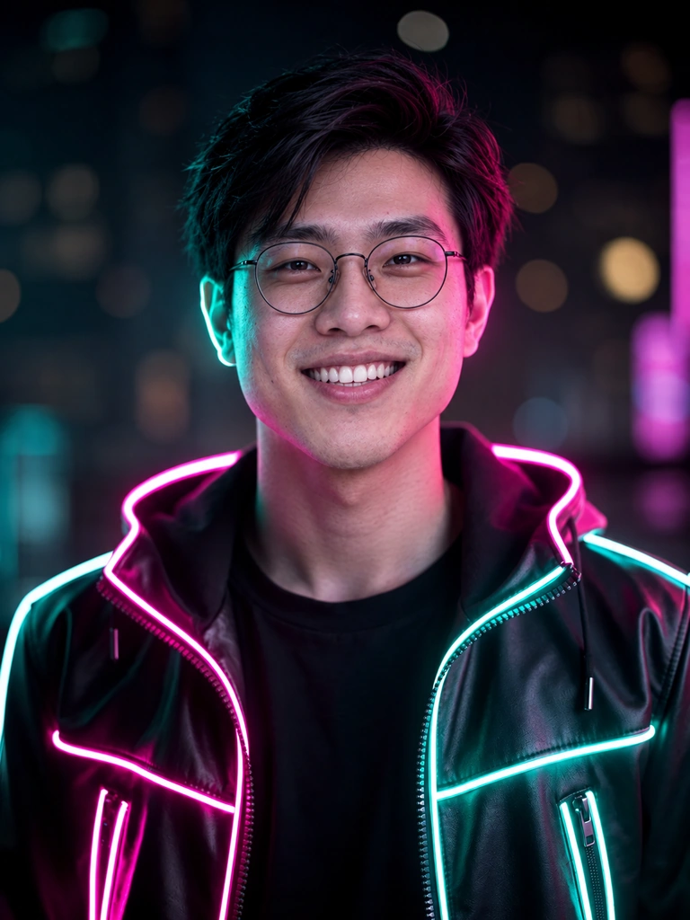 The same guest in a glowing neon cyberpunk jacket at night