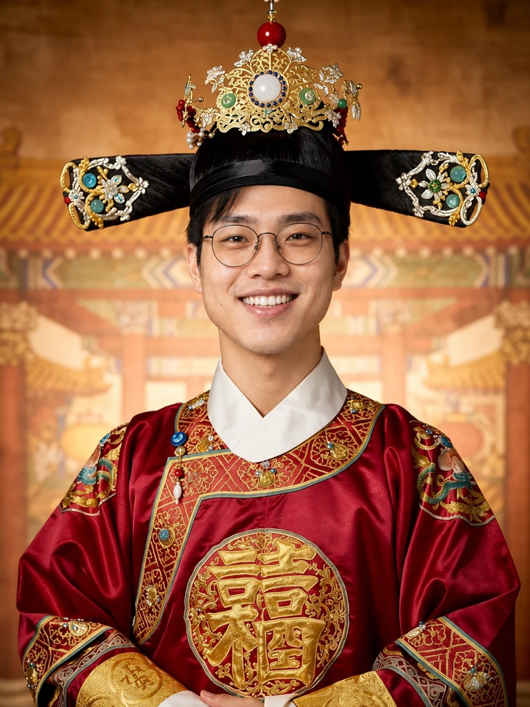 The same guest restyled in Qing court robes and headdress