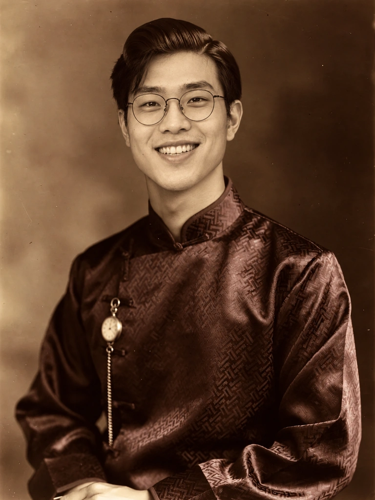The same guest as a sepia 1920s Shanghai studio portrait