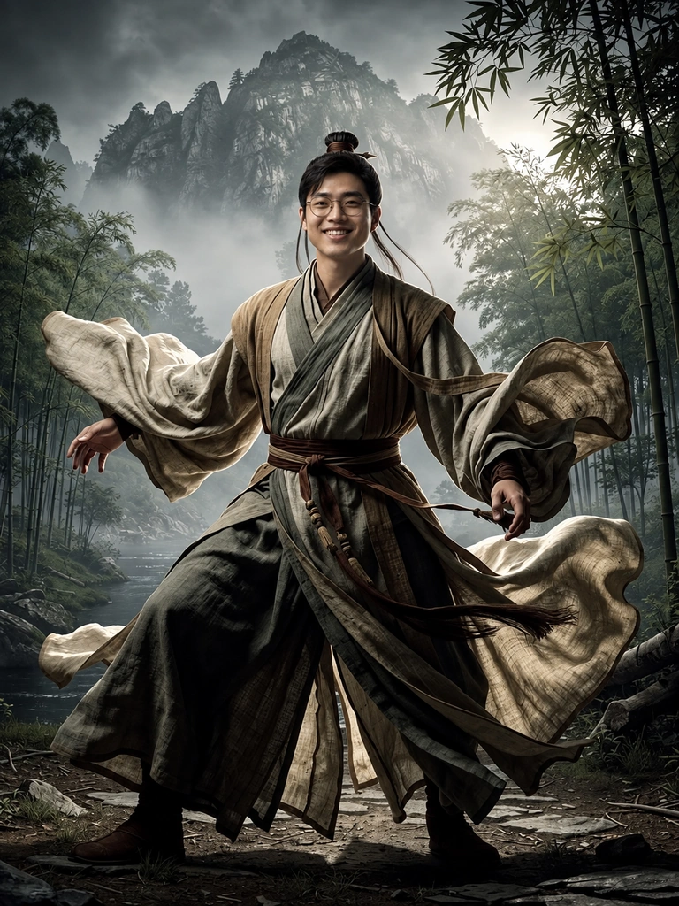The same guest as a wuxia warrior in a misty bamboo forest