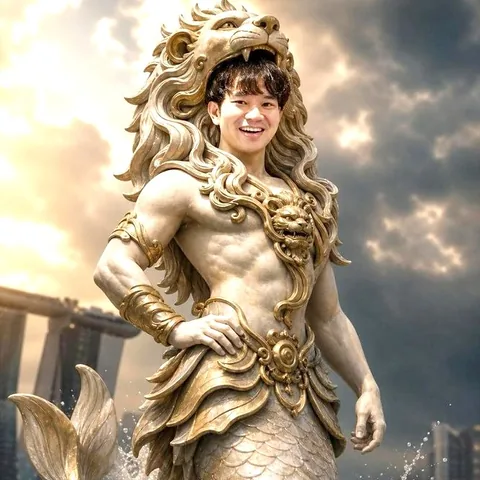 A guest as a golden Merlion statue