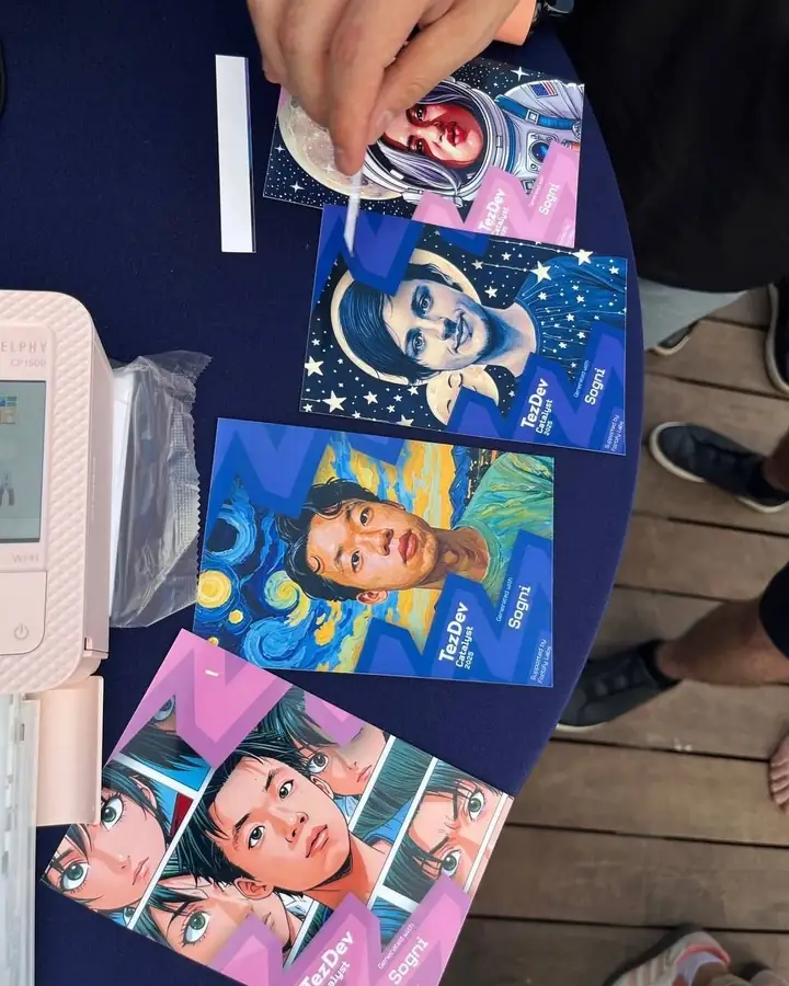 Freshly printed AI portraits laid out on a table next to the booth printer