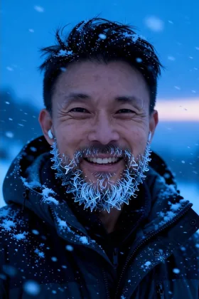 The same man as an arctic explorer with a frosted beard