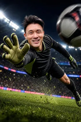 The same man as a diving football goalkeeper