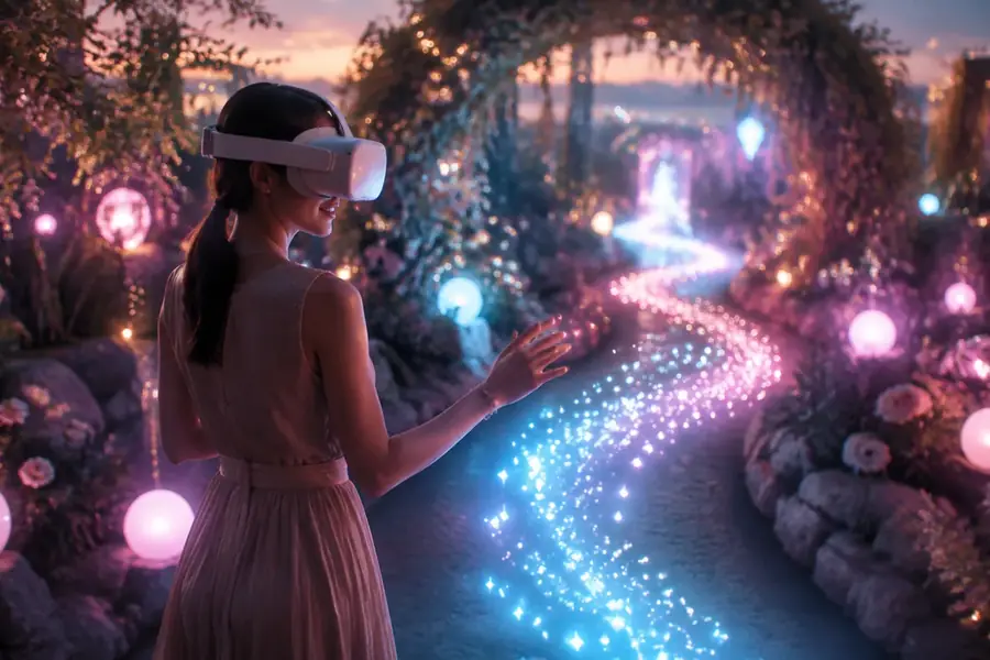 A guest in a VR headset walks a glowing garden path at a baby shower