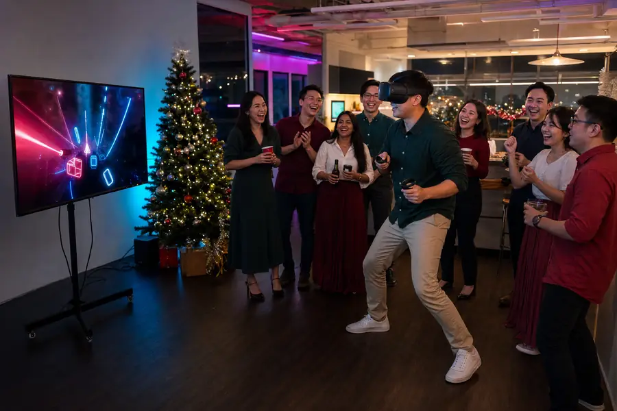 Colleagues cheer a teammate playing VR at a year-end office party