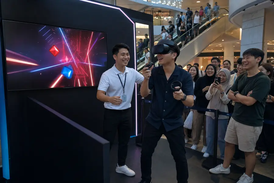 Shoppers queue at a VR game booth at a product launch in a Singapore mall
