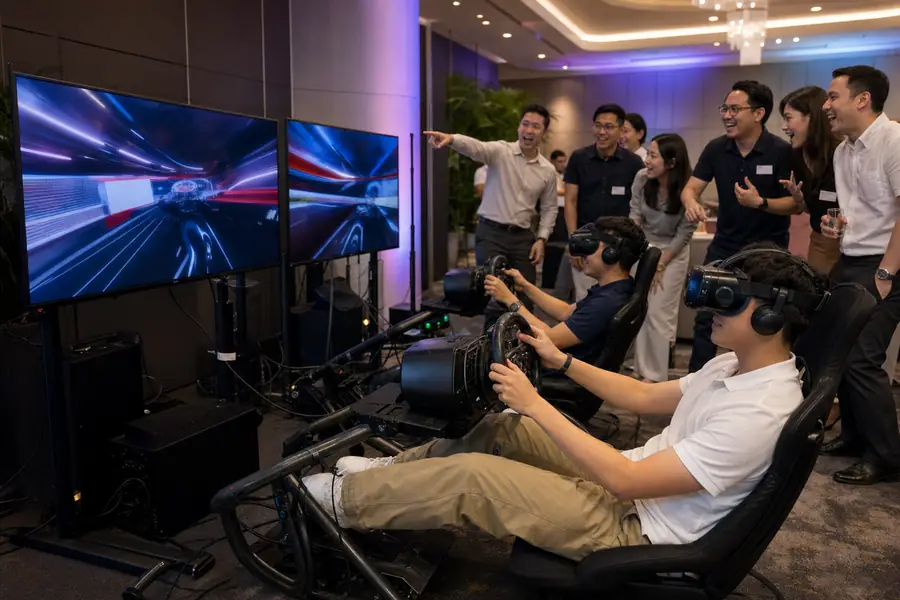 Two drivers in VR headsets race on simulator rigs while colleagues cheer at a corporate event in Singapore